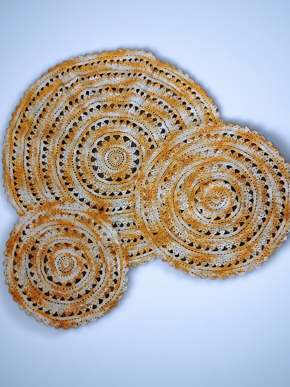 Vintage Handmade Crochet Doily Set -Variegates Orange and Cream Autumn Decor
